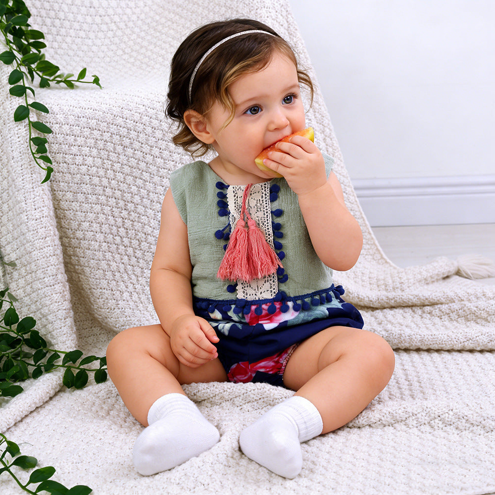 Baby Romper Floral Tassels Sleeveless Backless Jumpsuit for Newborn Baby Girl