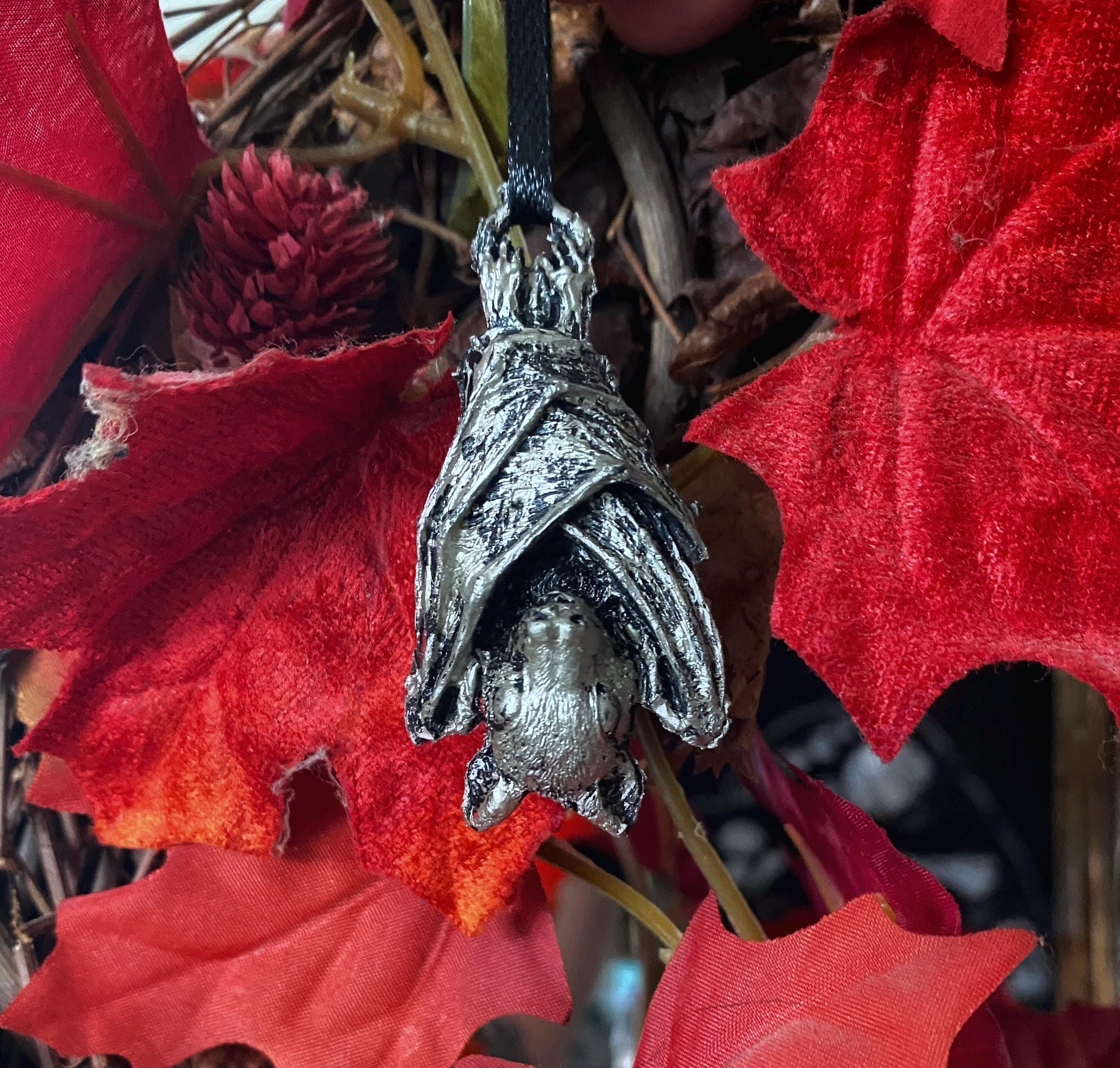 Hanging Fruit Bat Ornament, Hand Painted Resin Sculpture | Gothic Vampire Bat Figurine | Nature Bat Ornament for Halloween and Gothic Decor