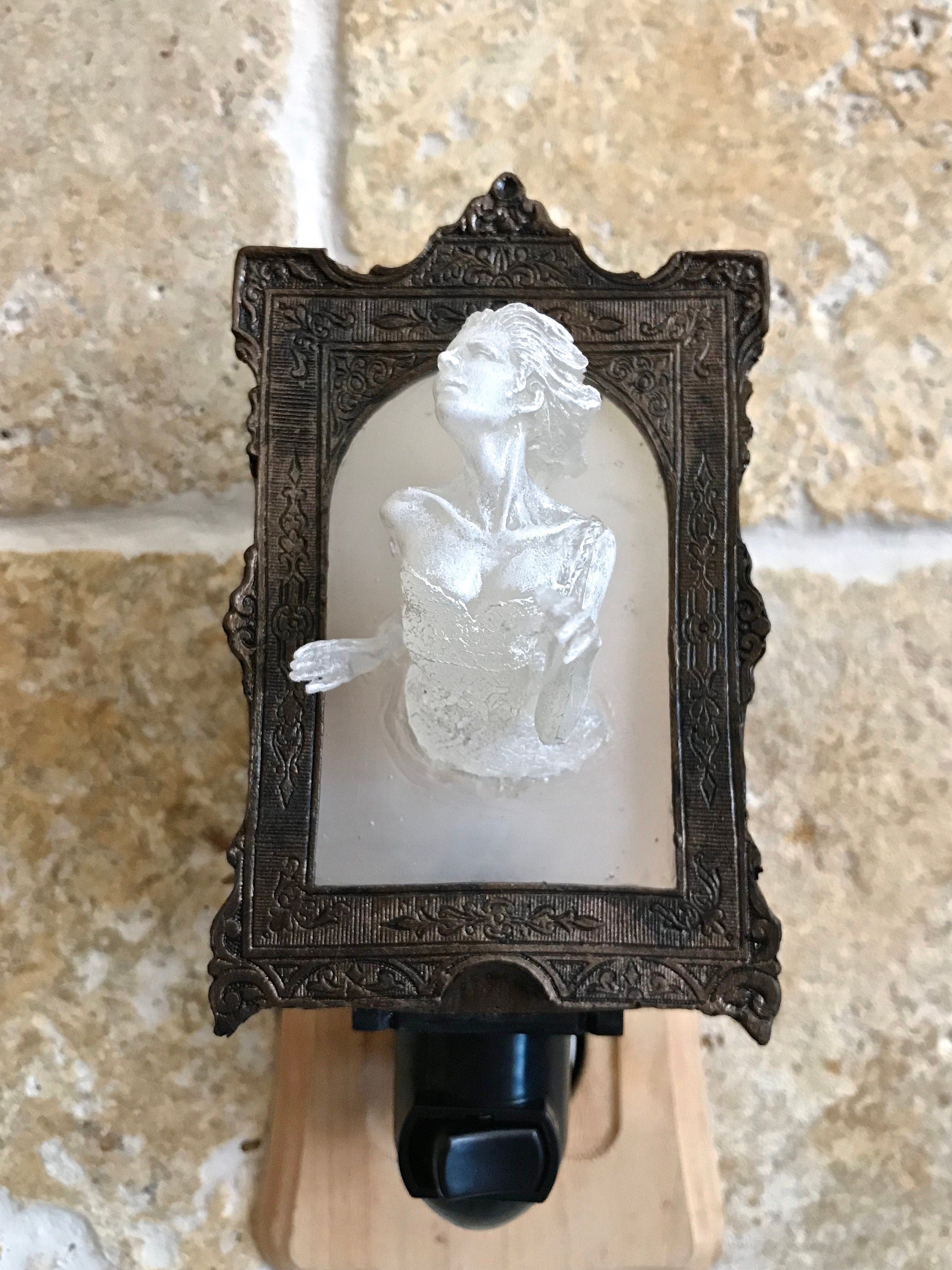 Ghost in the Mirror Nightlight, Hand Painted Resin Sculpture | Victorian Gothic Night Light |  Ghost Lighting for Gothic Spooky Home Decor