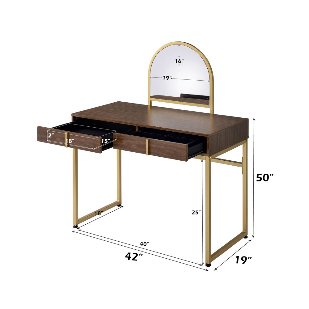 Coleen - 50" Vanity Desk With Mirror & Jewelry Tray - Walnut & Gold