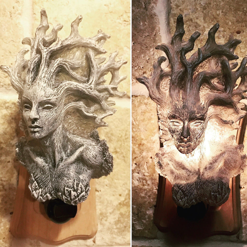 Dryad Nightlight, Hand Painted Resin Sculpture | Medieval Gothic Night Light |  Dryad Tree Spirit Lighting for Gothic Fantasy Home Decor