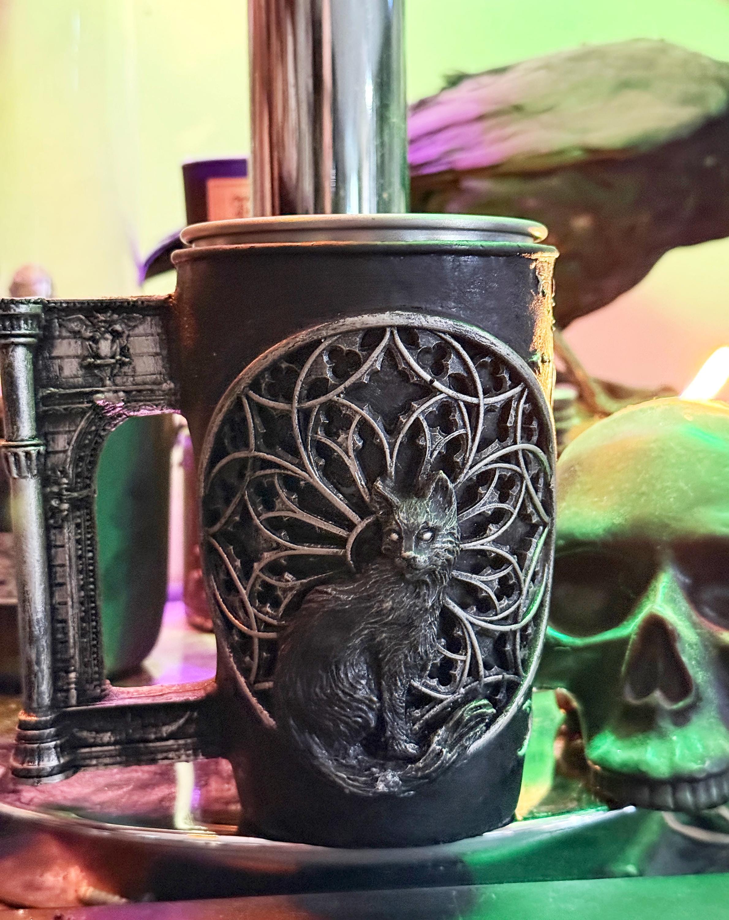 Cat and Gothic Cathedral Window Mug, Hand Sculpted Resin Gothic Art Mug with Stainless Steel Liner| Cat Mug, Halloween Gift and Gothic Decor