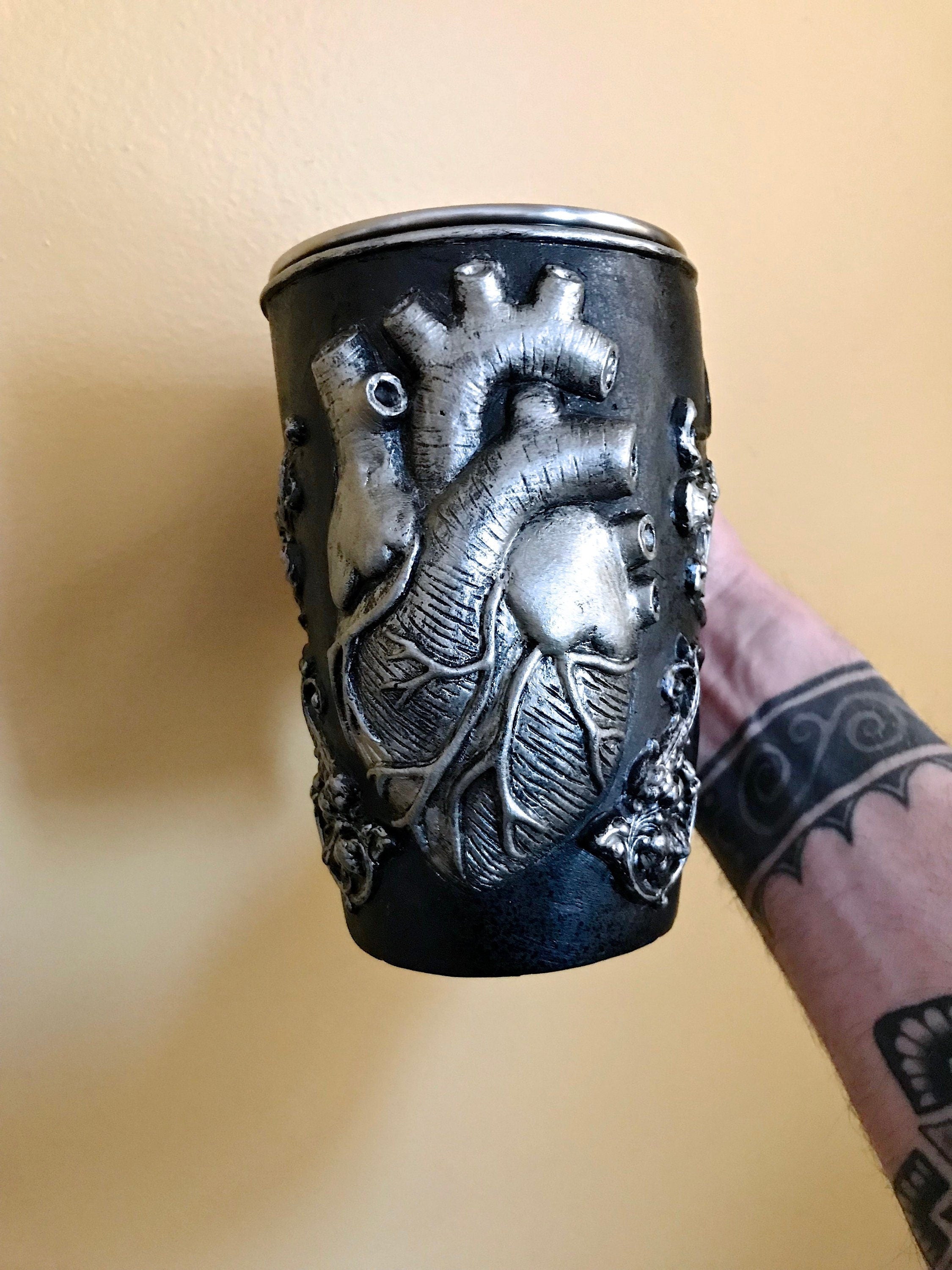 Anatomical Heart Mug, Hand Sculpted Resin Gothic Art Mug with Stainless Steel Liner| Spooky Heart Mug, Halloween Gift and Gothic Home Decor