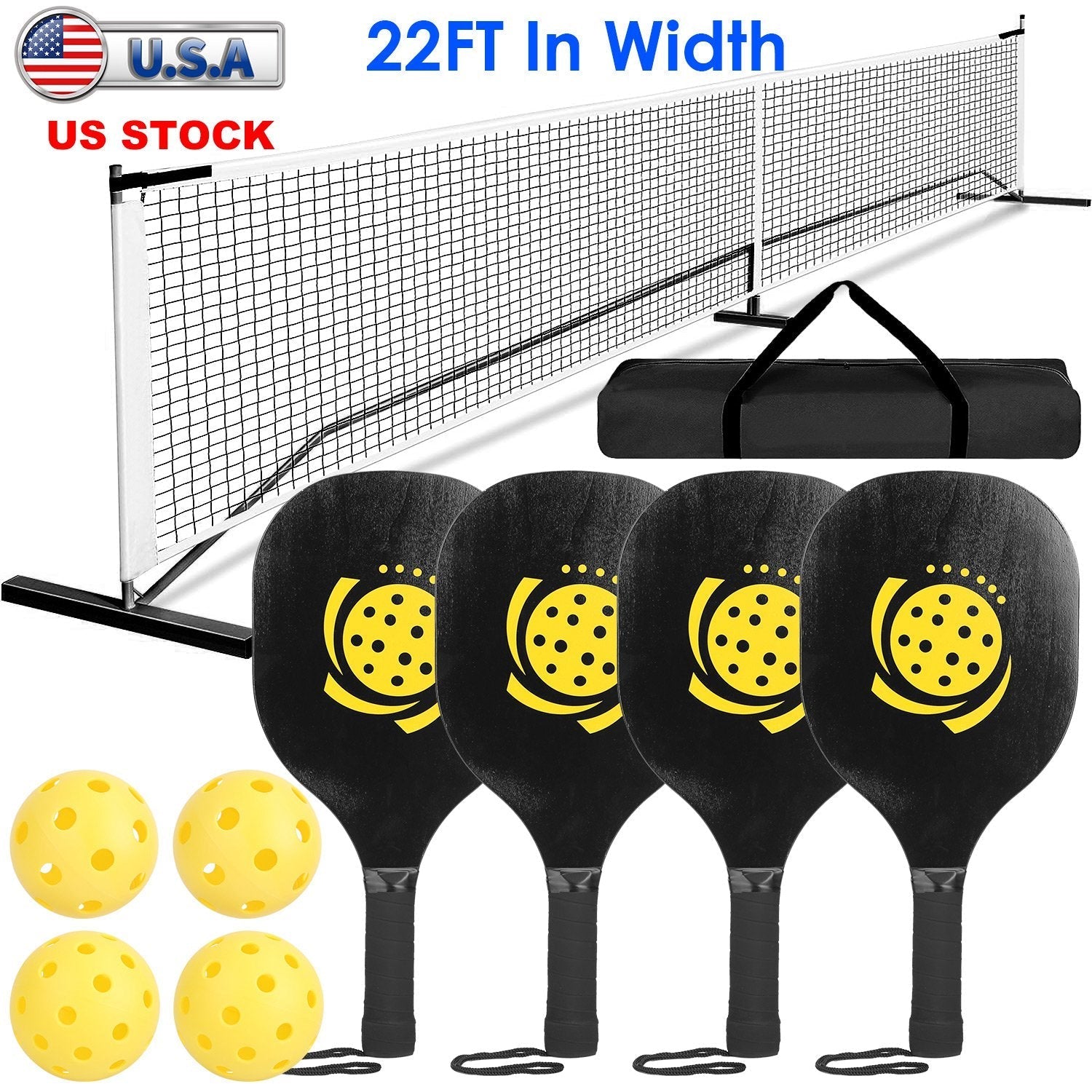 Portable Pickleball Net Set 22ft Regulation Size Net Pickle Ball Net System with 4 Pickleballs 4 Paddles Carrying Bag for Driveway Backyard