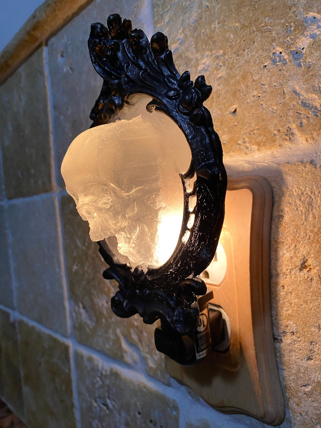 Spectral Skull Nightlight, Hand Painted Resin Sculpture | Victorian Gothic Night Light |  Ghost Skull Lighting for Gothic Fantasy Home Decor
