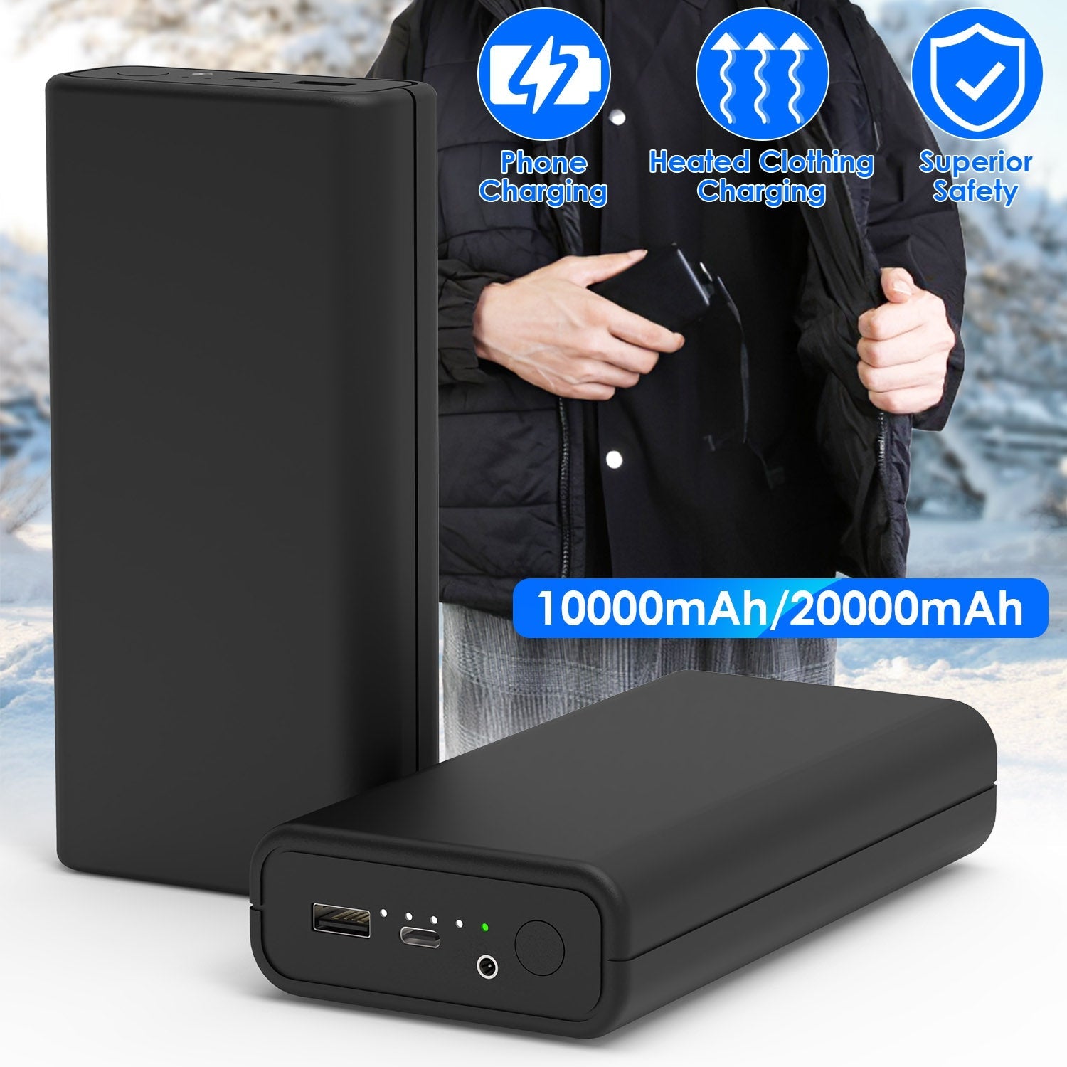 20000mAh 5V 2A Power Bank for Heated Jackets Vests Pants Gloves Scarves DC 7.4V 2A Heated Clothing Replacement Battery Pack for Men Women