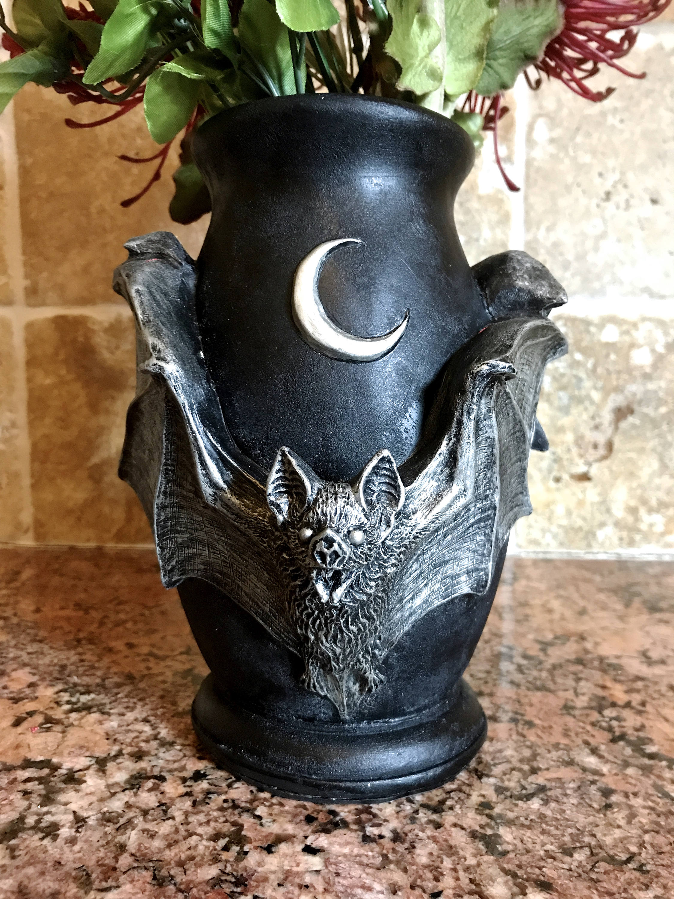 Vampire Bat Vase, Hand Painted Resin Sculpture | Unique Gothic Home Decor | Bat Vase Spooky Halloween Gift and Gothic Home Decor