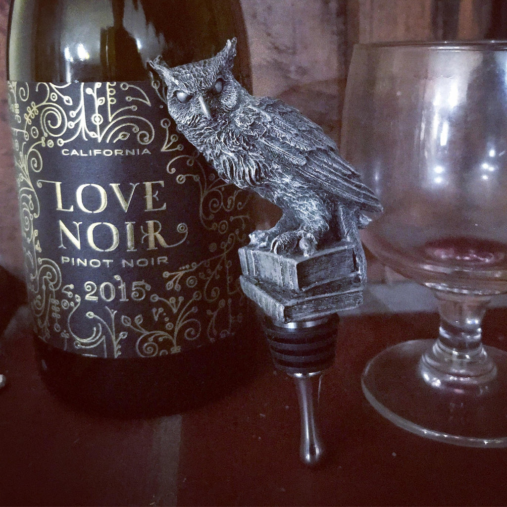 Horned Owl Winestopper, Hand Sculpted Resin | Gothic Art Barware | Owl with Books Bottle Stopper | FantasyGothic Witch Wine and Barware Gift