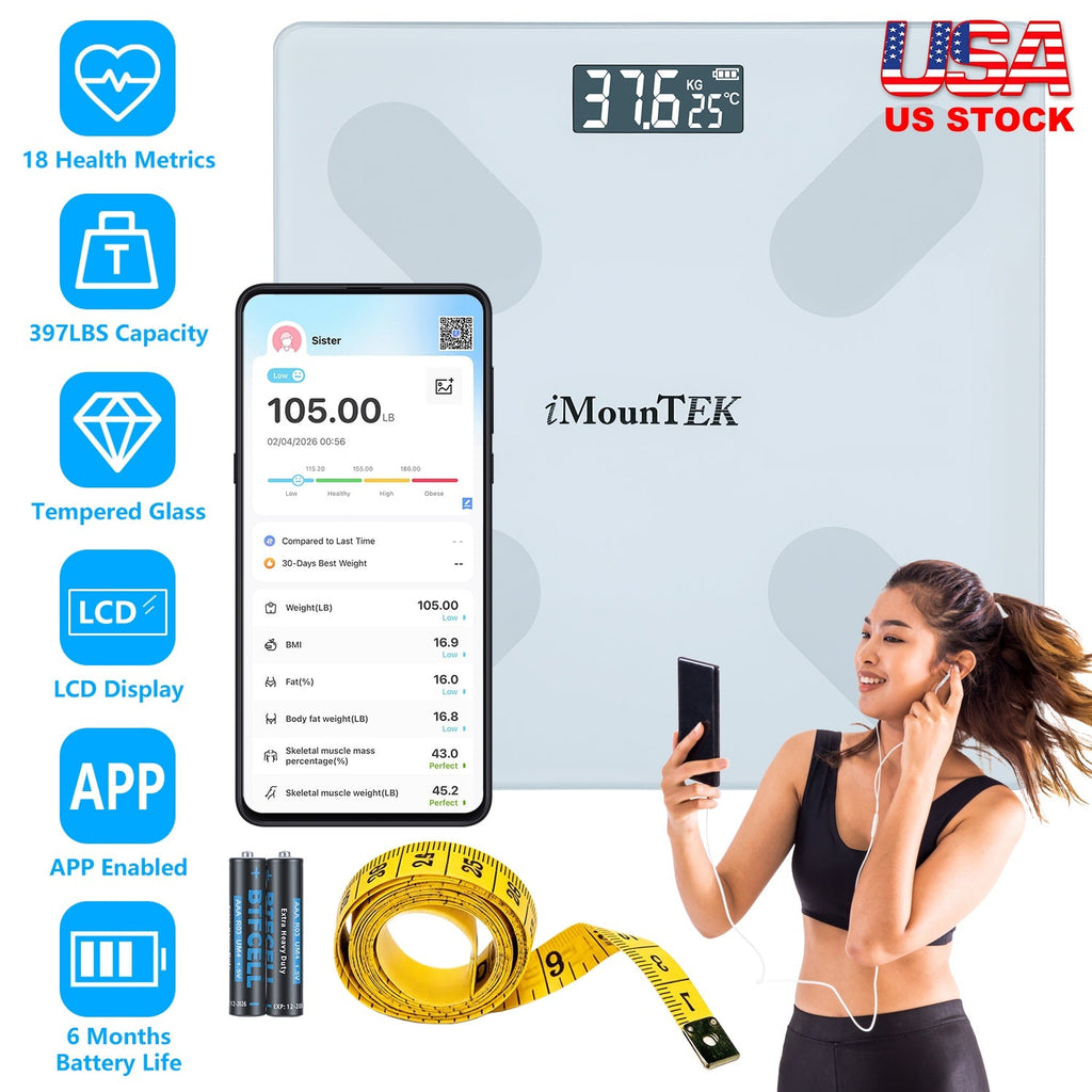 Smart Digital Scale For Body Weight High Accuracy BMI Weight Scale Full Body Composition Analysis Sync with APP 4mm Tempered Glass 397LBS Capacity LCD