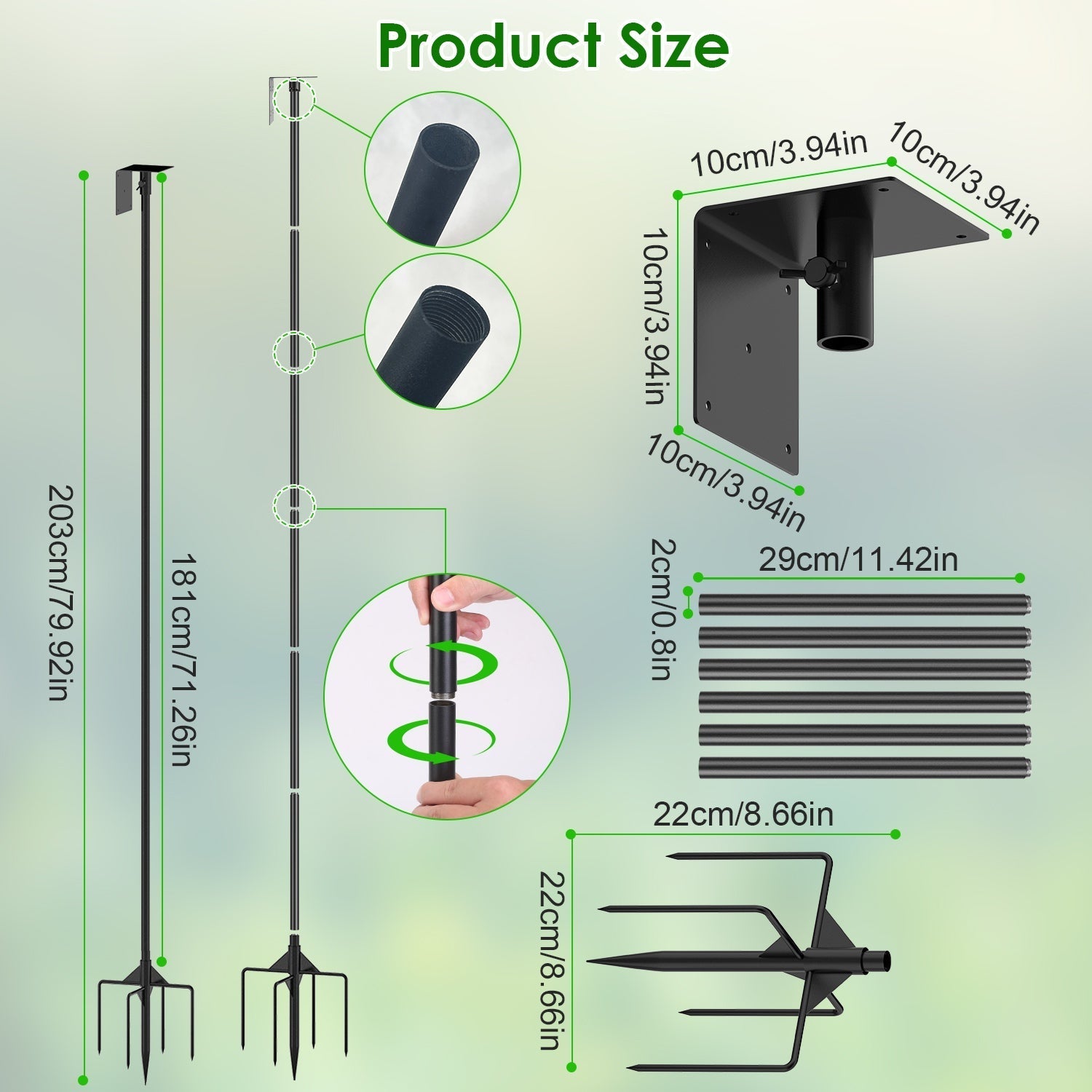 79.92in Bird House Pole Kit Height Adjustable Bird Feeder PoleÊMount Kit Heavy Duty Bird House Pole Set with 5 Prongs Base for Bird House Bird Feeder