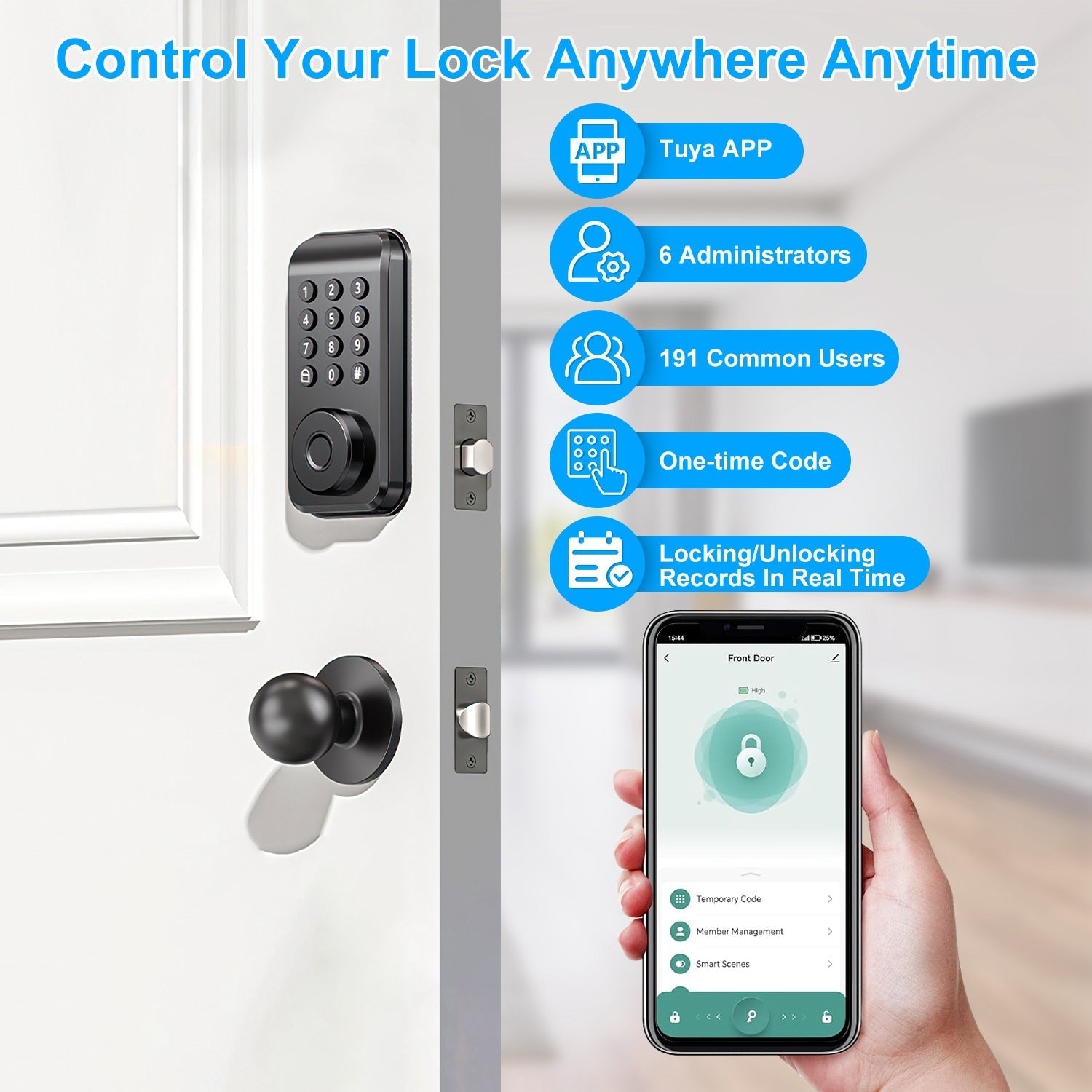 Wireless Keyless Smart Door Lock, Fingerprint & App Controlled, IP67 Waterproof