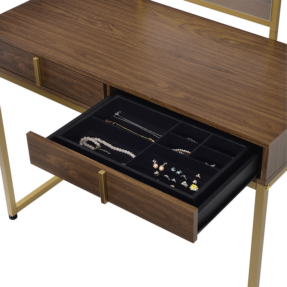 Coleen - 50" Vanity Desk With Mirror & Jewelry Tray - Walnut & Gold