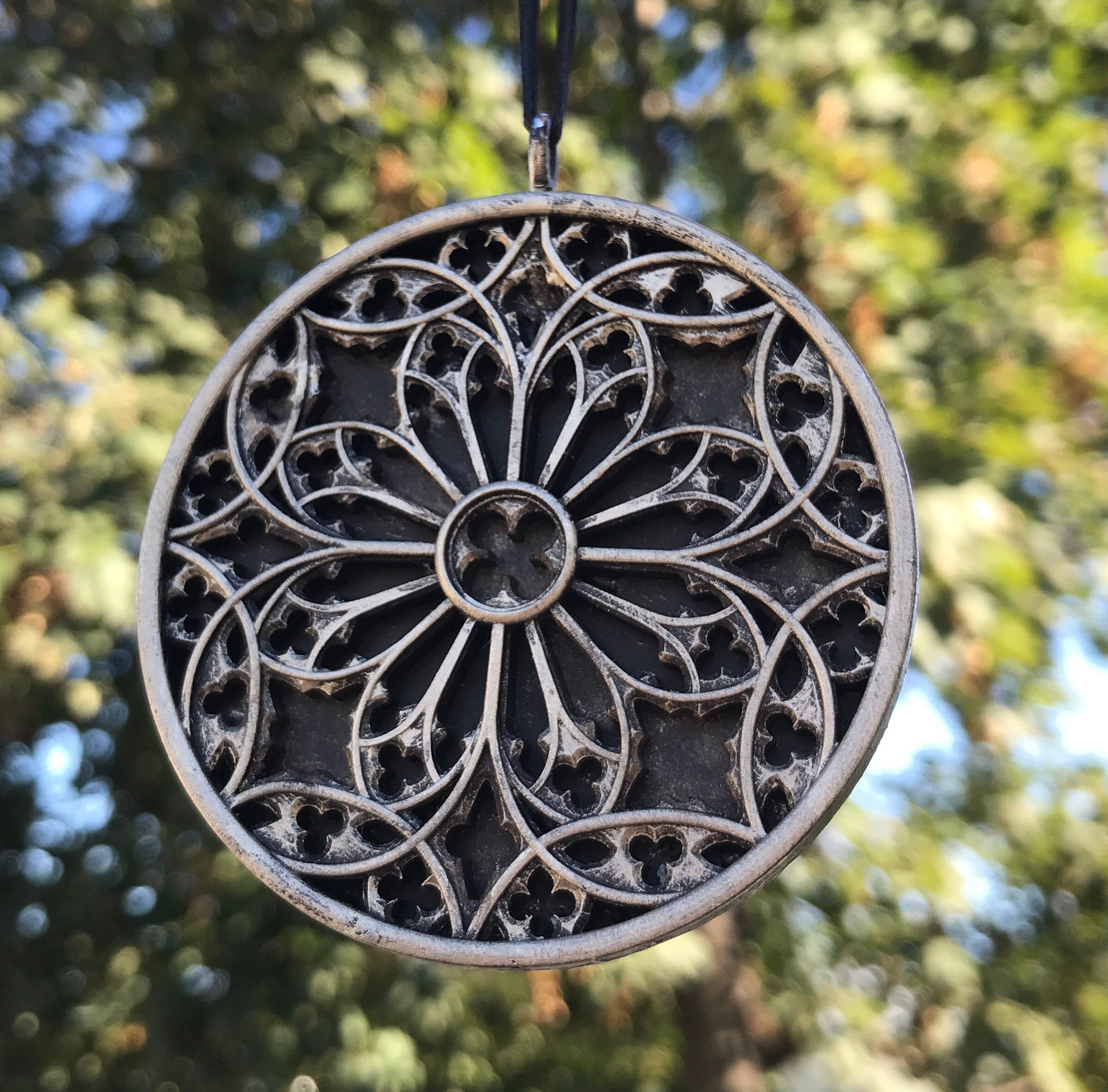 Gothic Cathedral Window Ornament, Pewter Finish | Unique Gothic Home Decor | Resin Medieval Architecture, Gothic Ornament Holiday Decor