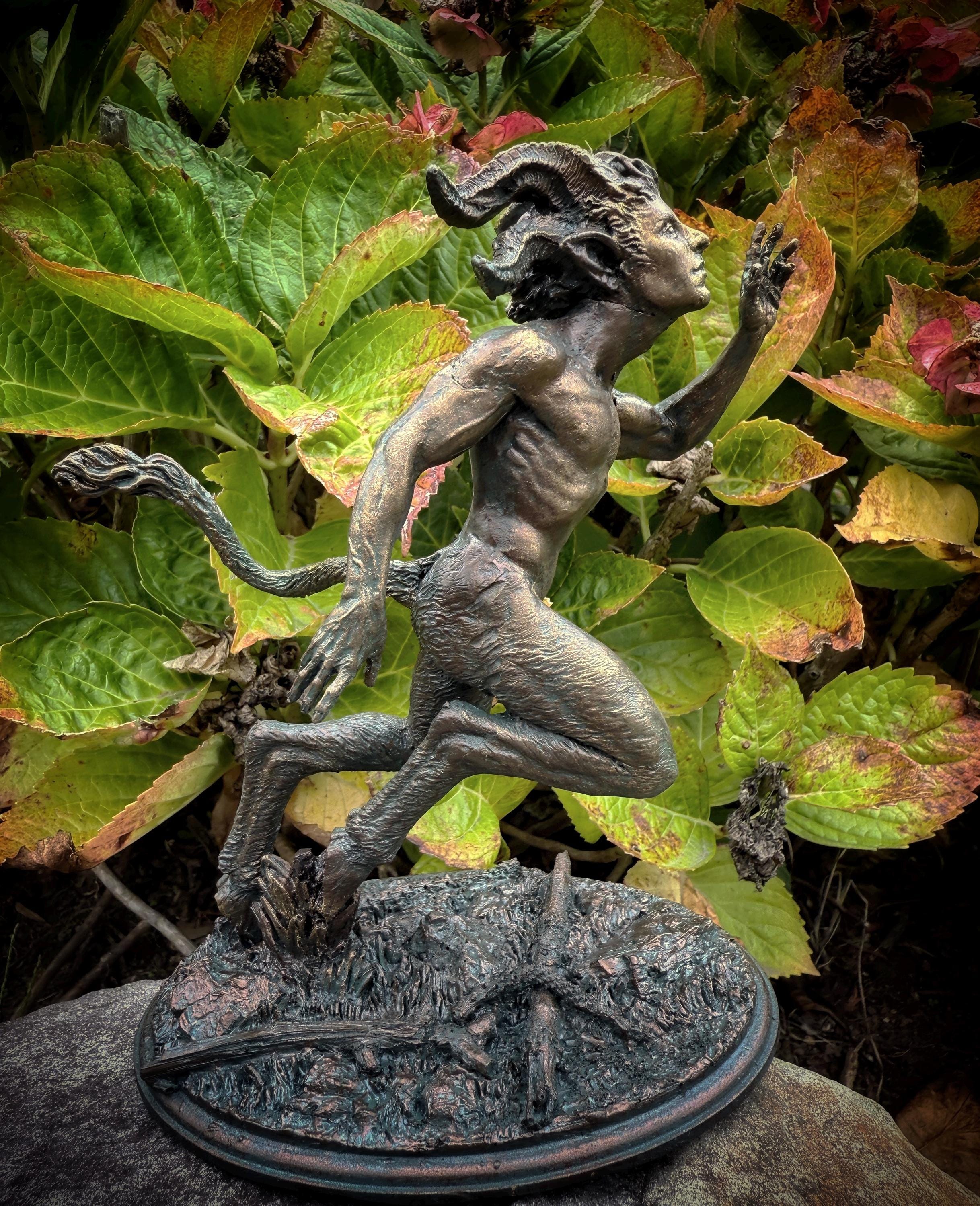 Running Satyr Statue, Hand Painted Resin Sculpture | Mythical Creature Figurine | Unique Legendary Faun Figurine. Fantasy Art Decor
