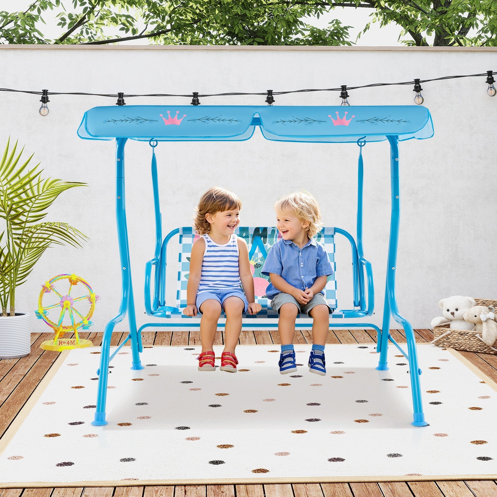 2-Seater Kids Patio Swing with Metal Stand and Adjustable Canopy-Navy