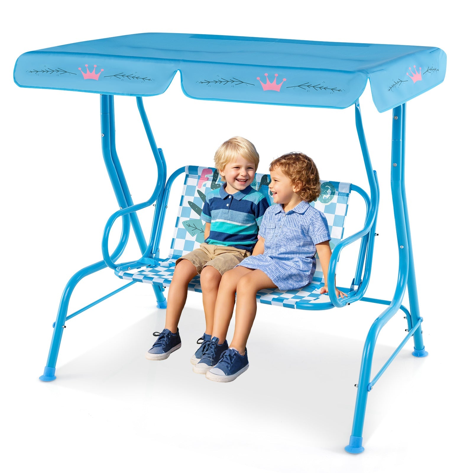 2-Seater Kids Patio Swing with Metal Stand and Adjustable Canopy-Navy