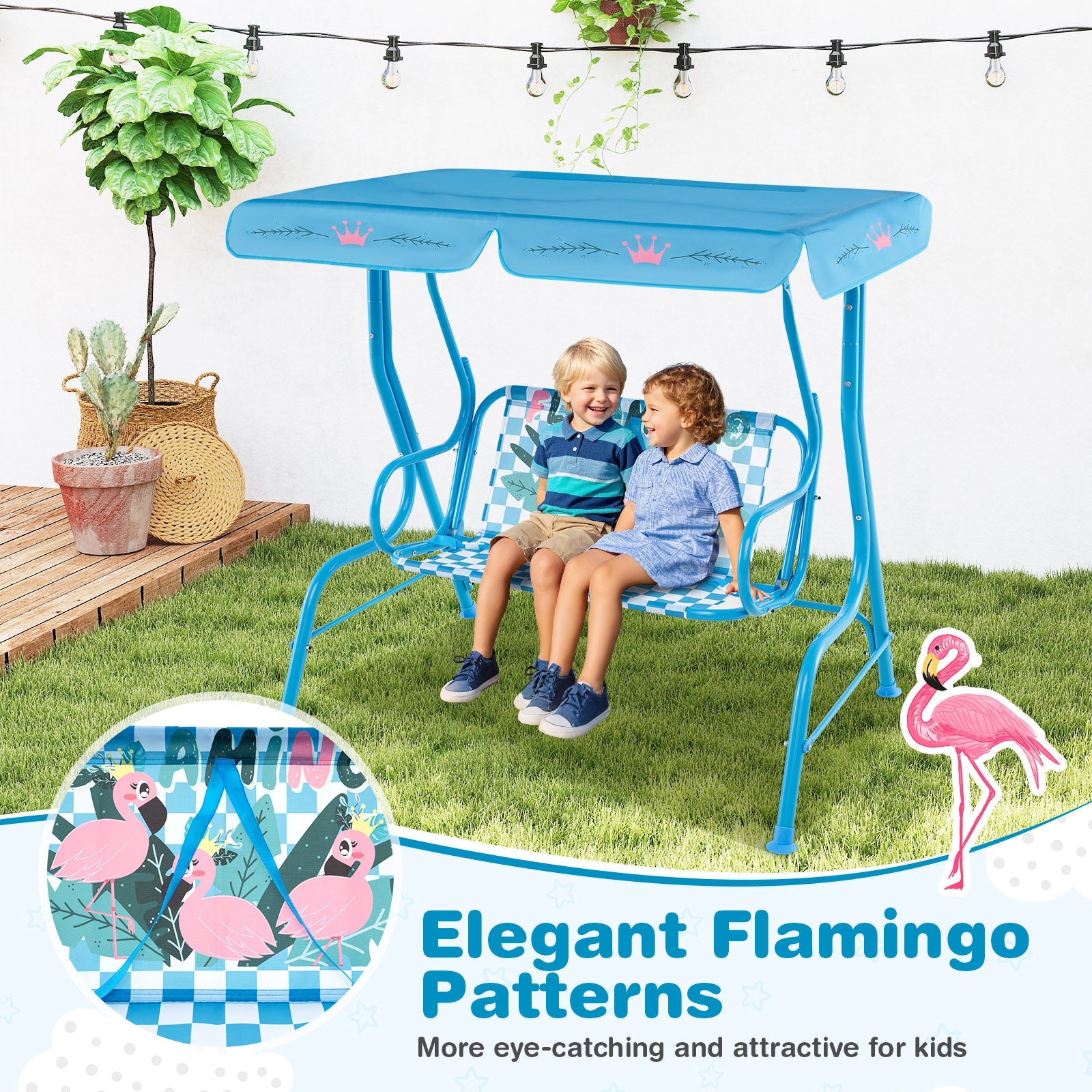 2-Seater Kids Patio Swing with Metal Stand and Adjustable Canopy-Navy