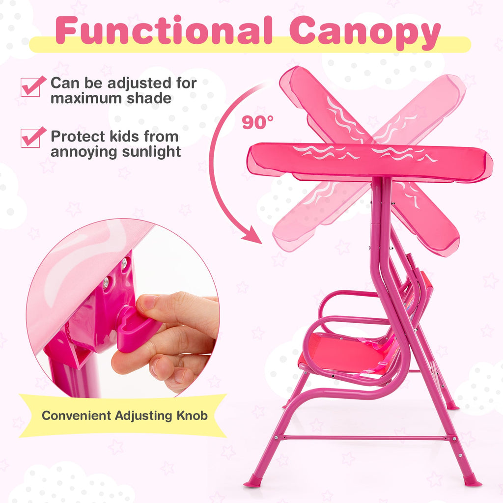 2-Seater Kids Patio Swing with Metal Stand and Adjustable Canopy-Pink