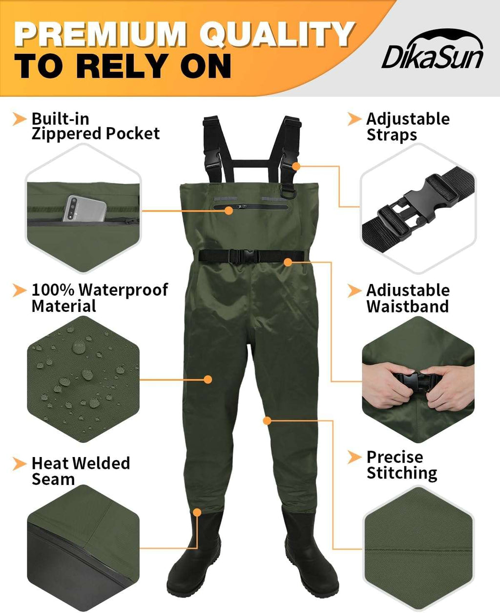 DikaSun Chest Waders with Boots — Lightweight Bootfoot Waders for Men & Women, Duck Hunting & Fly Fishing (US Sizes, Dark Green)