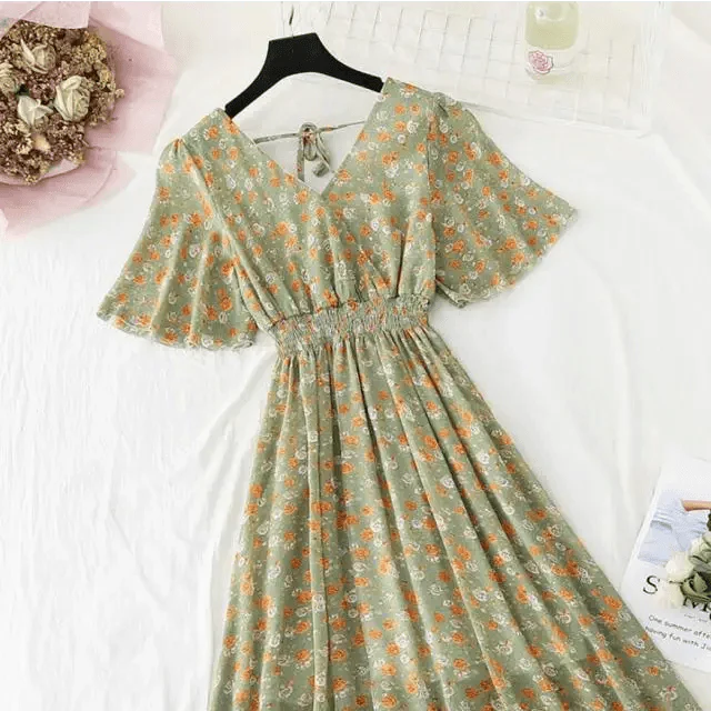Summer Women Ruffled Short-sleeved Chiffon Dress V-neck High Waist Floral Print Beach Midi Dresses For Women