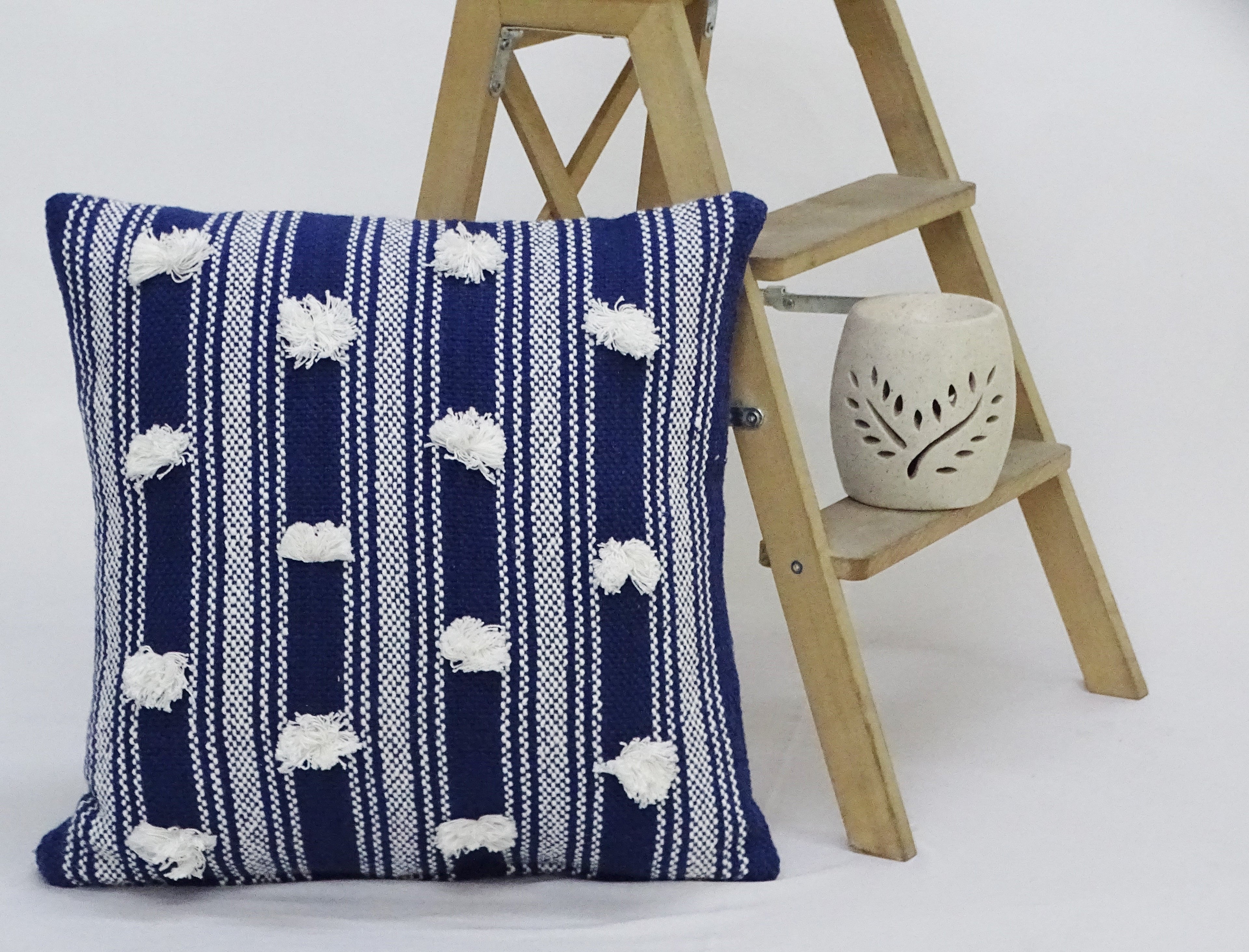 Blue 20" X 20" Decorative Throw Pillow with Pom Pom