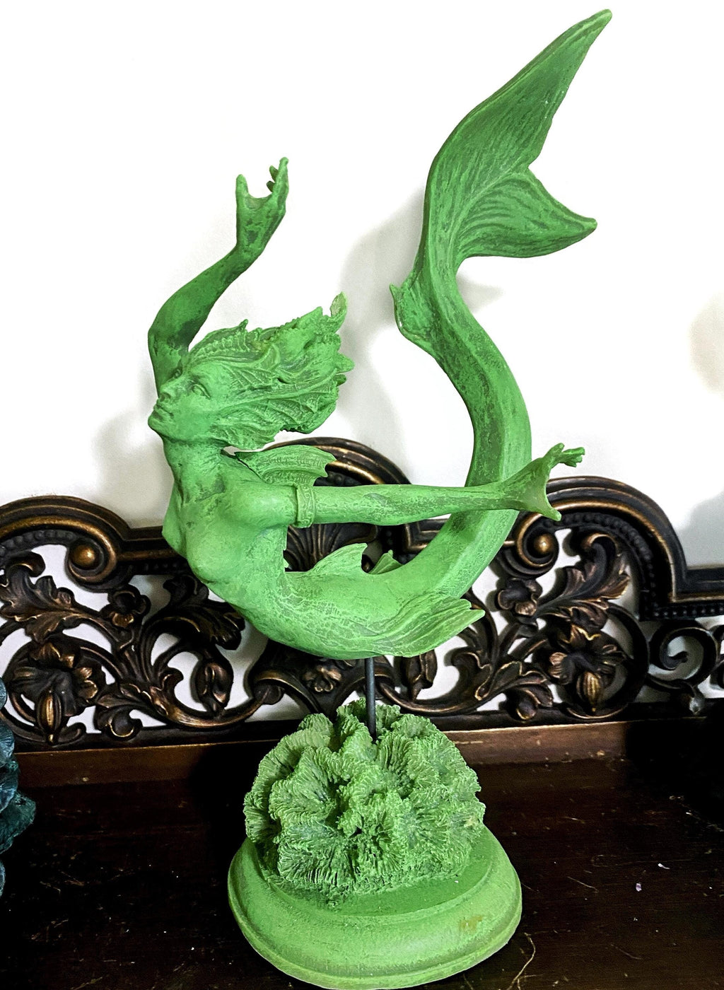 Mermaid Statue, Hand Painted Resin Sculpture, Jade Finish| Mythical Creature Figurine| Unique Legendary Mermaid Figurine Fantasy Art Decor