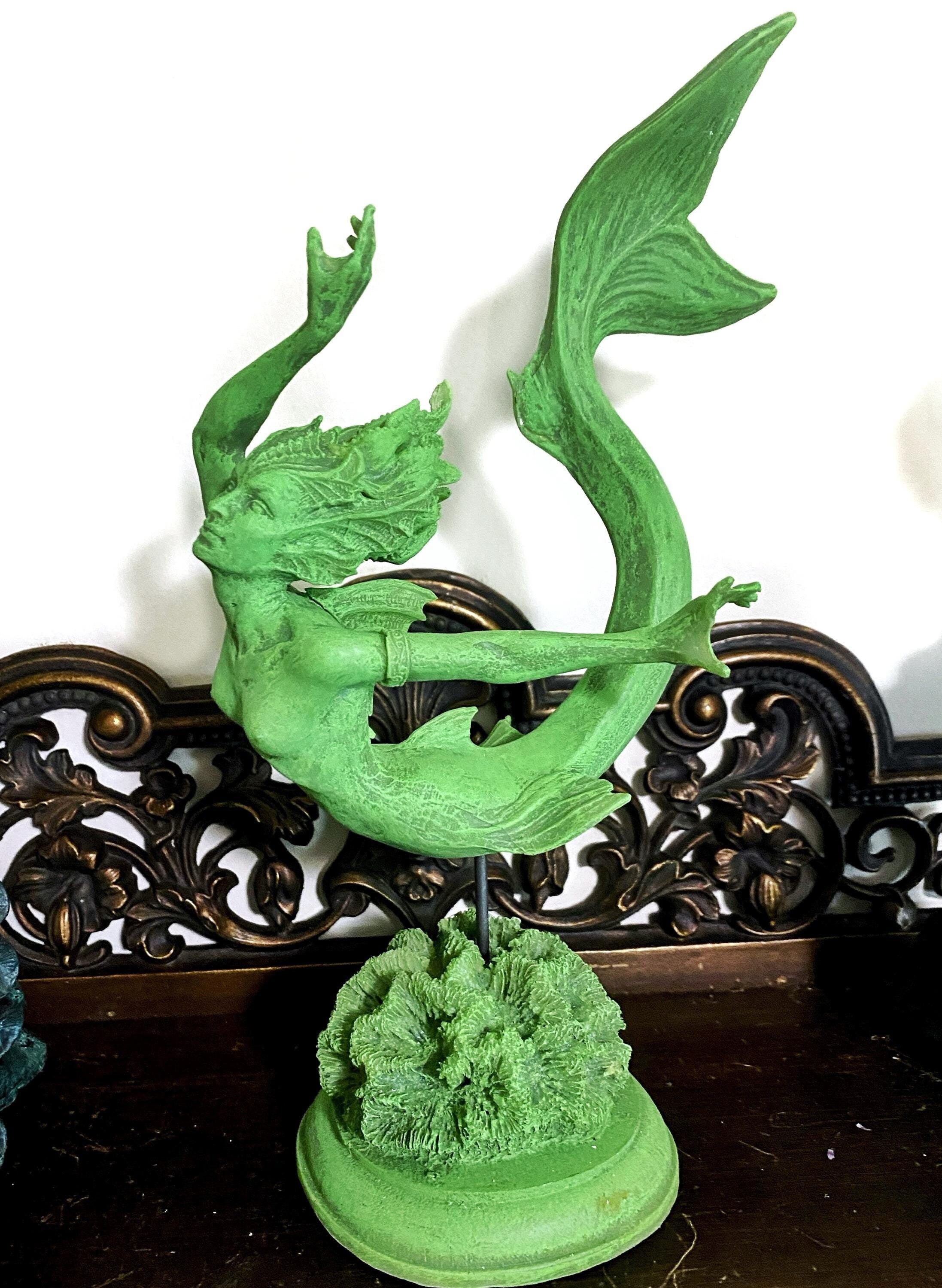 Mermaid Statue, Hand Painted Resin Sculpture, Jade Finish| Mythical Creature Figurine| Unique Legendary Mermaid Figurine Fantasy Art Decor