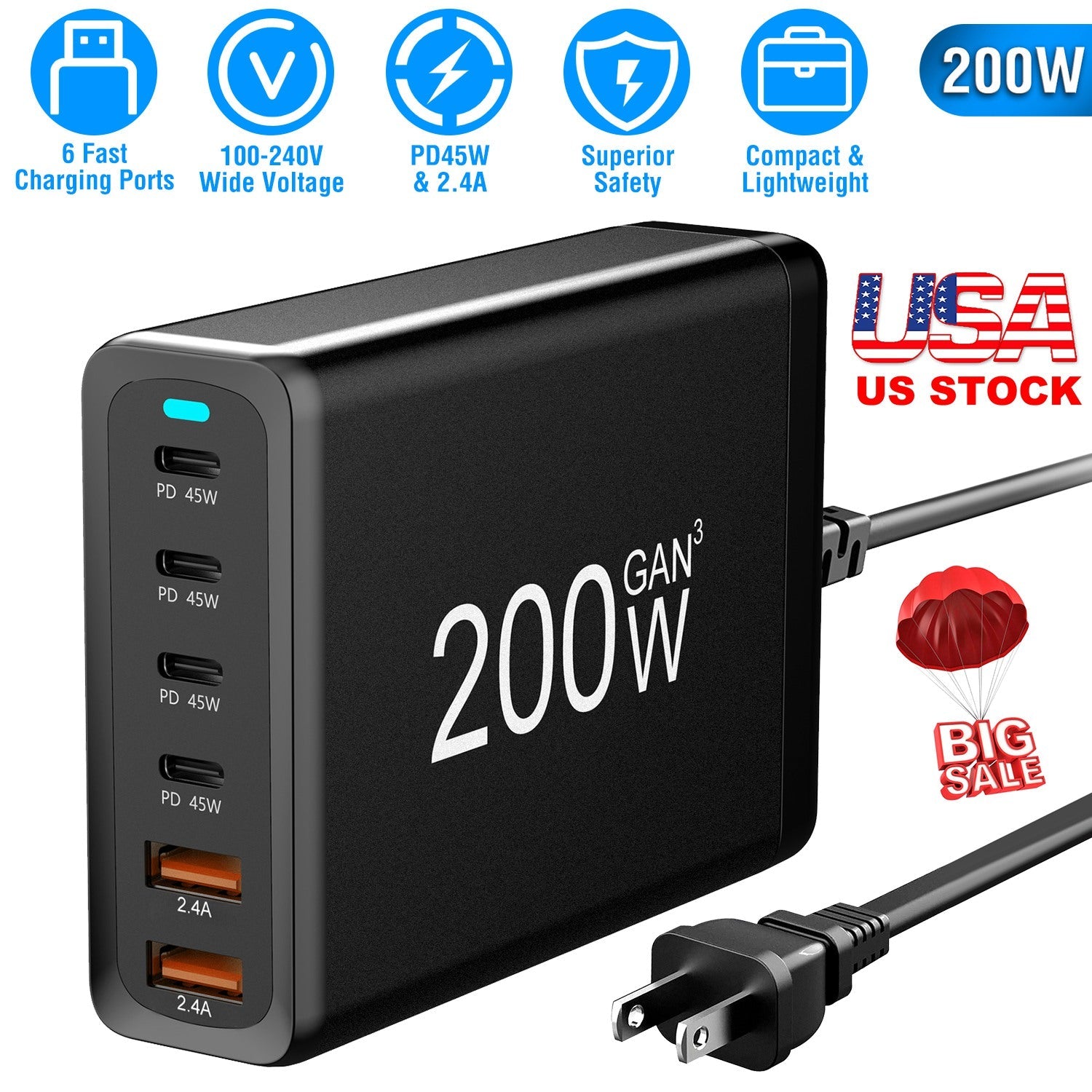 200W Fast Wall Charger with 6 Charging Ports Desktop USB Charging Station PD45W 2.4A GaN Power Adapter Fit for IOSPhone 14 13 12 11 Samsung S22 S21 Sw