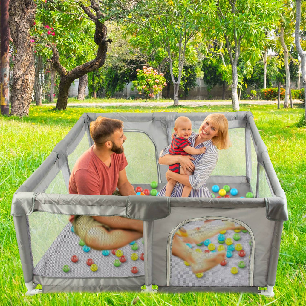 Baby Play Yard 50x50x24in Infant Play Game Child Fence Play Yards Breathable Kids Activity Center with Anti-Slip Suction Base 2 Zipper Doors for Infan