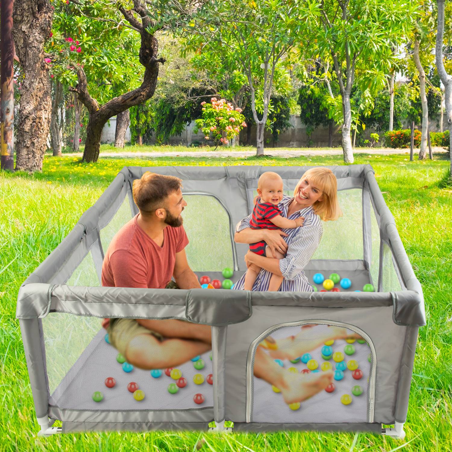 Baby Play Yard 50x50x24in Infant Play Game Child Fence Play Yards Breathable Kids Activity Center with Anti-Slip Suction Base 2 Zipper Doors for Infan