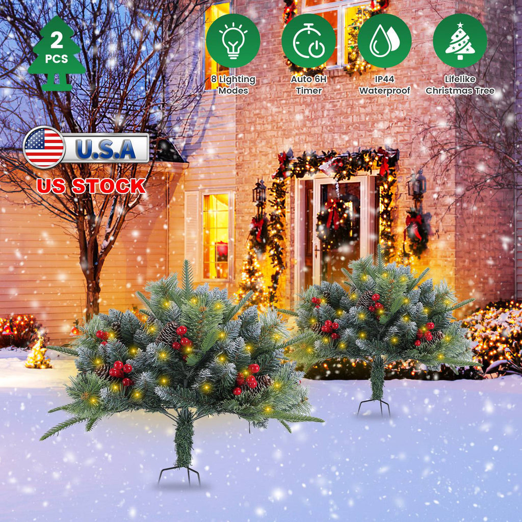 2Pcs Christmas Tree Urn Filler With Light Artificial Lighted Xmas Trees Light with Cones Berries Holiday Planter Filler LED Pathway Pine Tree IP44 Wat