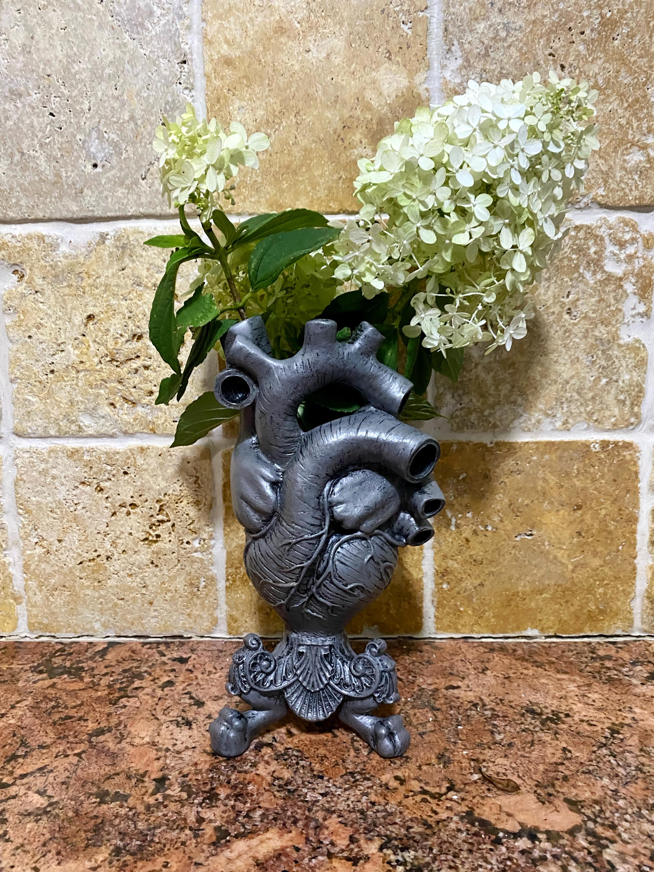 Anatomical Heart Vase, Pewter Finish | Unique Gothic Home Decor | Resin Sculpture Flower Vase, Medical Gift and Gothic Home Decor