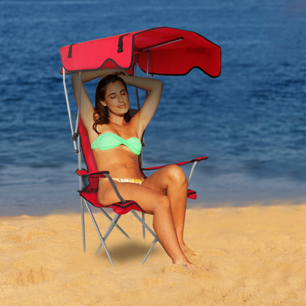 Foldable Beach Canopy Chair Sun Protection Camping Lawn Canopy Chair 330LBS Load Folding Seat w/ Cup Holder For Beach Poolside Travel Picnic