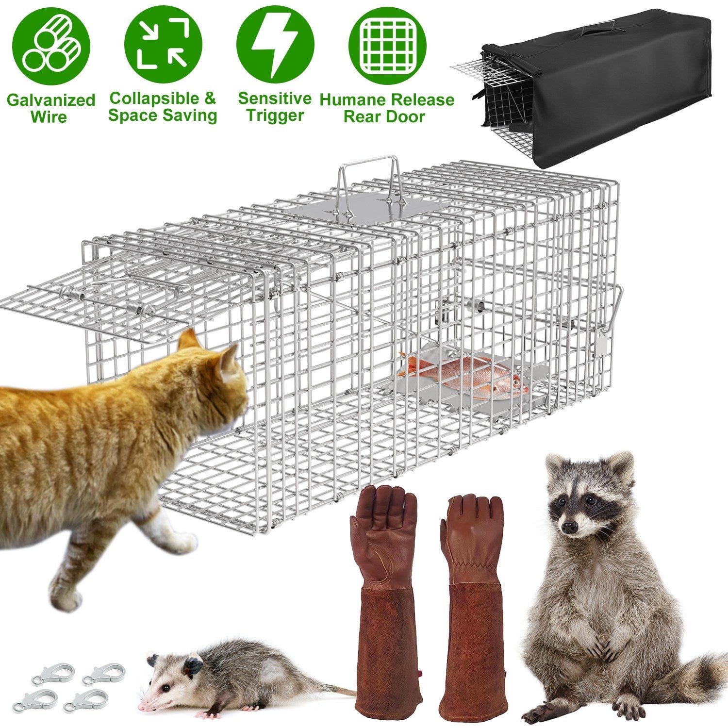 Humane Cat Trap Cage With Waterproof Cover Gloves Catch Release Live Animal Rodent Cage Collapsible Galvanized Wire for Raccoons Beavers Groundhogs Fo