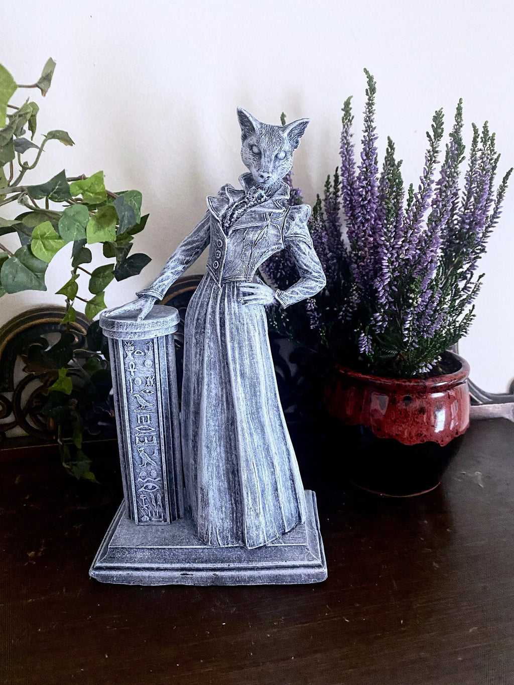 Lady Bast Statue, Cat Goddess, Hand Painted Resin Sculpture | Mythical Creature Figurine | Victorian Cat Goddess Figurine. Fantasy Art Decor