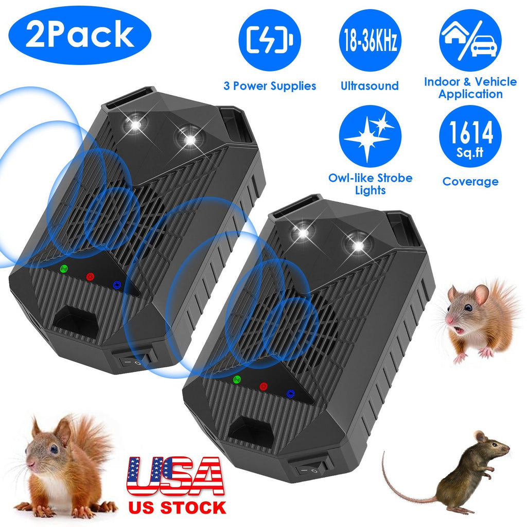 2 Pack Under Hood Ultrasonic Rodent Repeller Rodent Control Deterrent Chaser Blocker for Vehicle Indoor with Strobe Light 3 Power Supplies