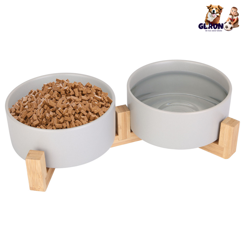 Double 28.7Oz Ceramic Pet Bowls Dog Cat Bowls with Wooden Stand Raised Pet Feeder for Small Dogs Cats