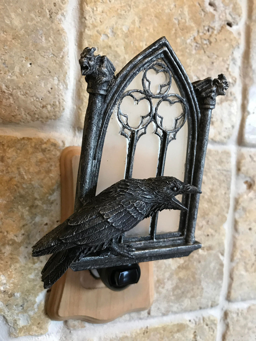 Raven and Window Nightlight, Hand Painted Resin Sculpture | Medieval Gothic Night Light | Poe’s Raven Lighting for Gothic Fantasy Home Decor
