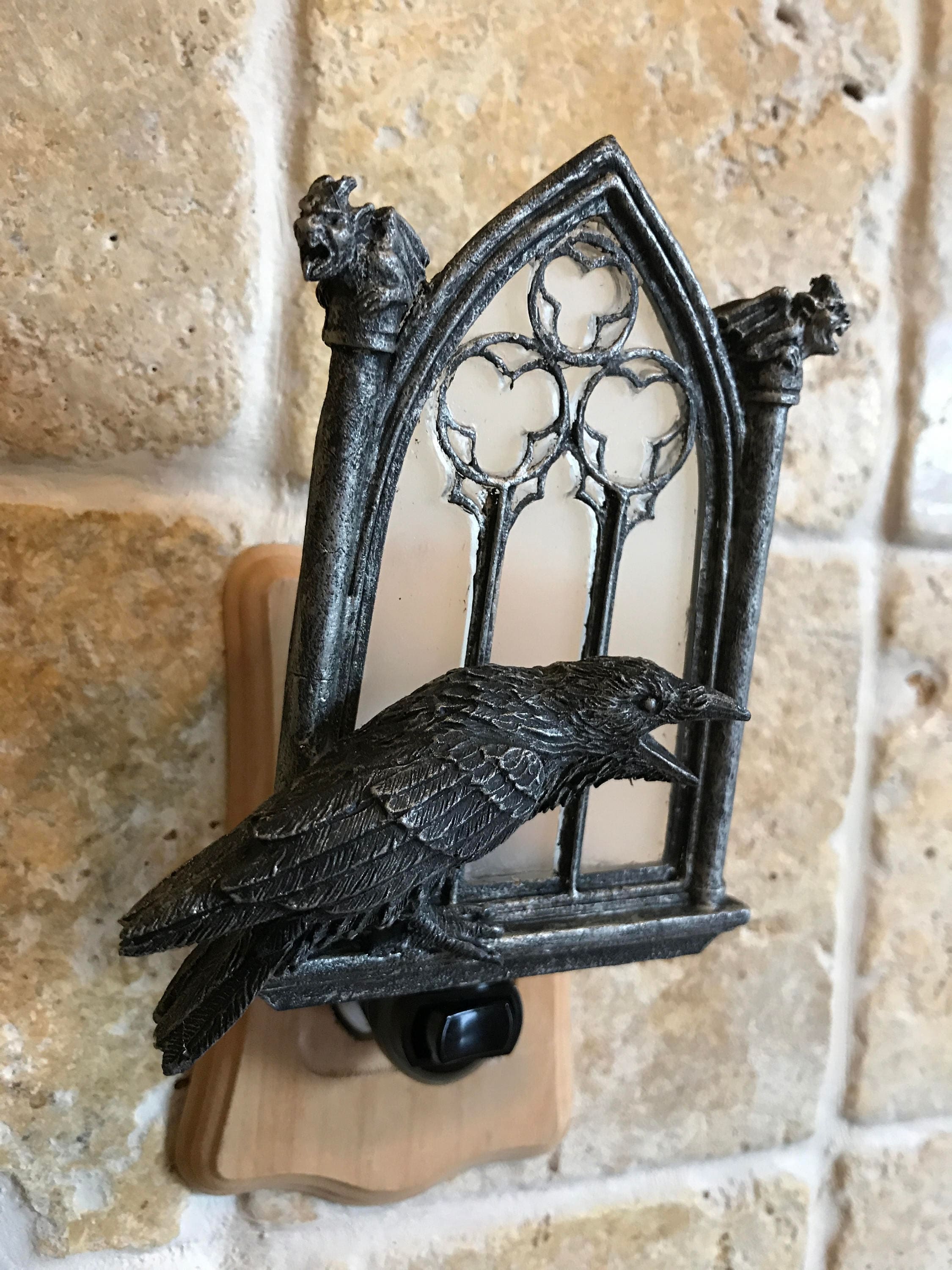 Raven and Window Nightlight, Hand Painted Resin Sculpture | Medieval Gothic Night Light | Poe’s Raven Lighting for Gothic Fantasy Home Decor