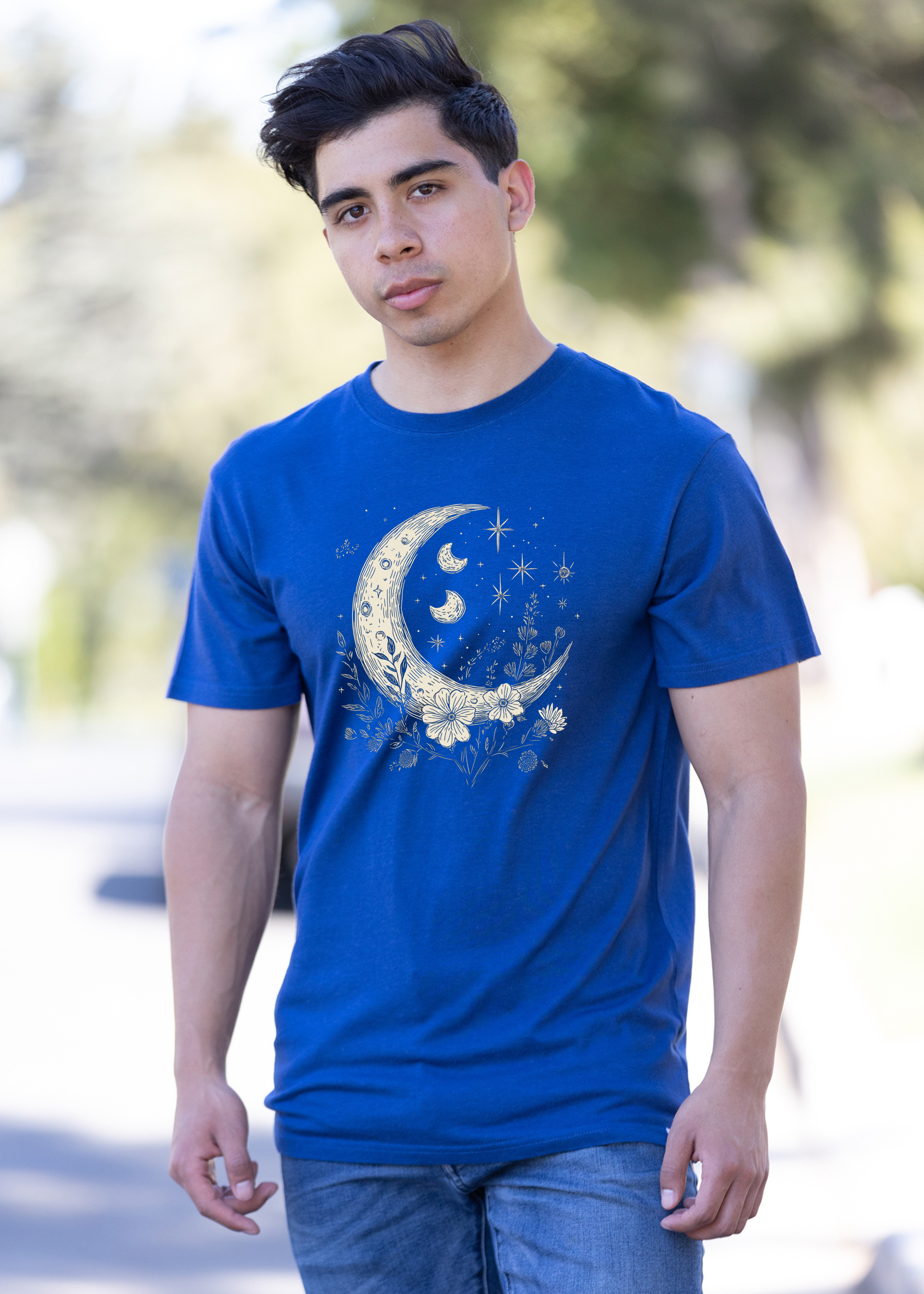 Moons and Stars Boho Flowers Vintage Unisex Bamboo/Cotton Graphic T-Shirt