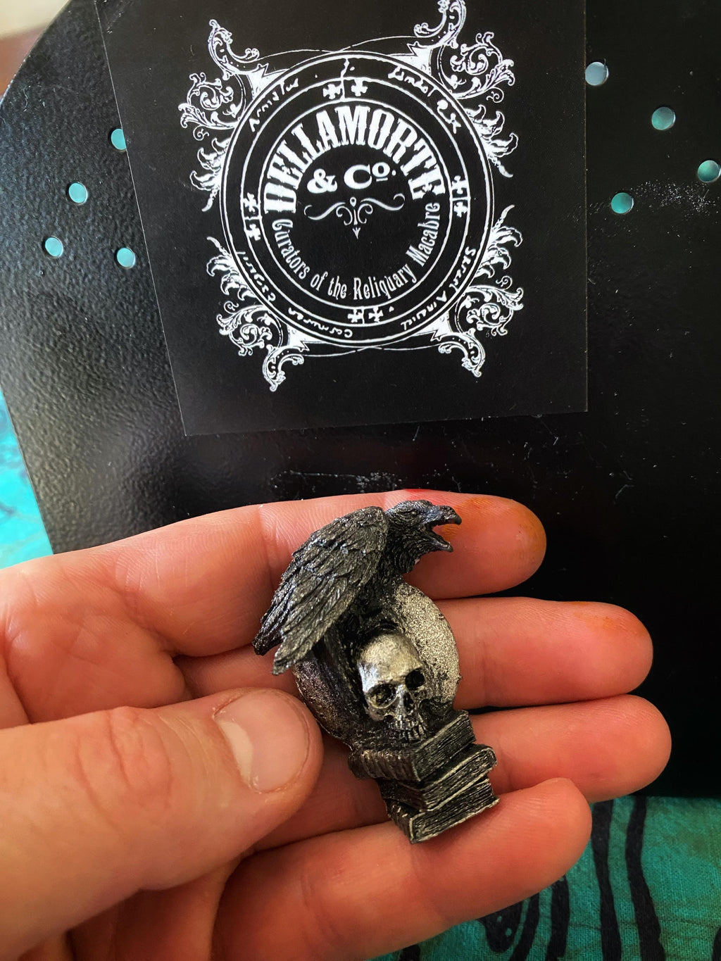 Raven Magnet, Hand Painted Resin Sculpture | Gothic Fantasy Decor | Poe's Raven and Skull Magnet for Fantasy and Gothic Decor