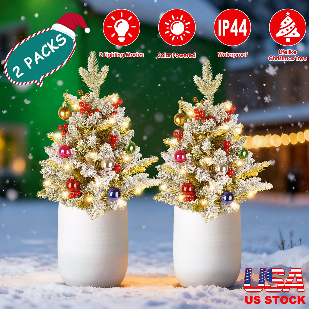 2Pcs Solar Powered Lighted Christmas Tree Urn Filler With Light Artificial Xmas Trees Light with Berries Decor Balls LED Pathway Pine Tree IP44 Waterp