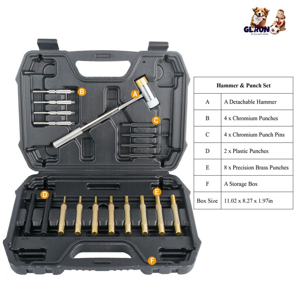19Pcs Hammer Punch Set Drift Pin Punch Kit w/ Brass Chromium Plastic Punches for Gunsmithing Maintenance Armorers Watch Jewelry Craft w/ Portable Stor