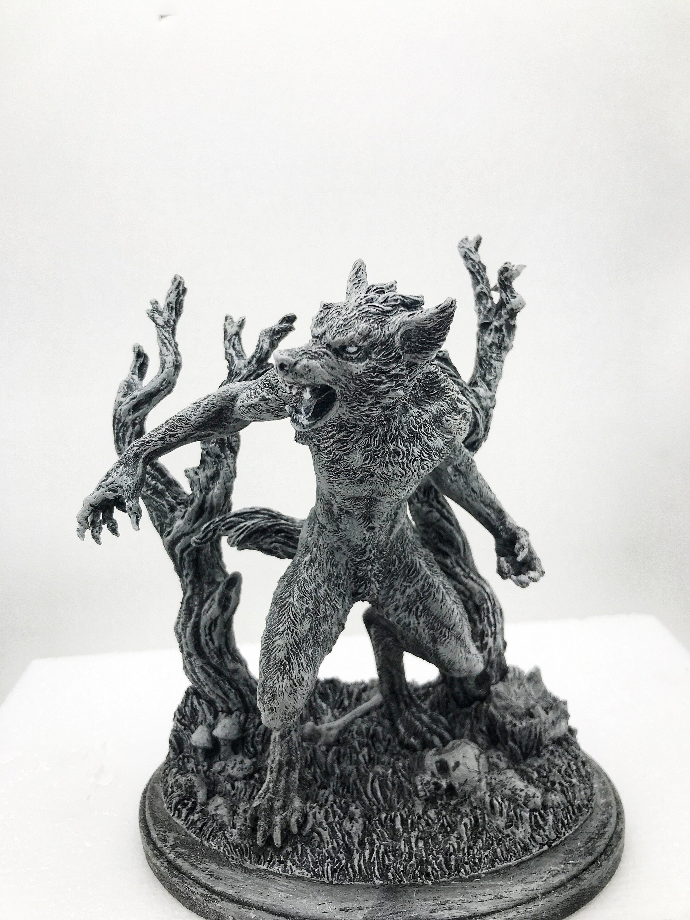 Werewolf Statue, Hand Painted Grayscale Resin Sculpture | Gothic Halloween Legendary Monster Figurine | Dark Art for Spooky Home Decor