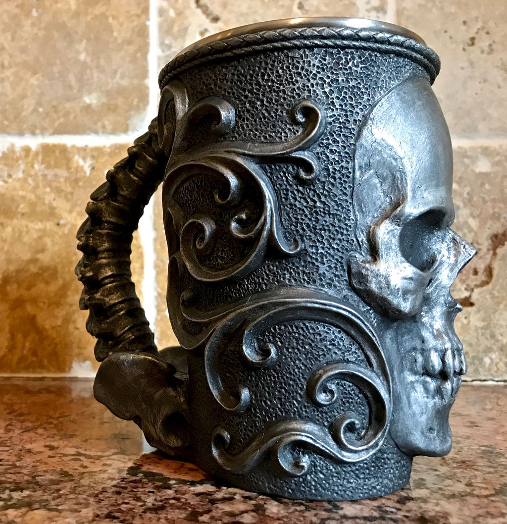 Necromancer Skull Mug, Hand Sculpted Resin Gothic Art Mug with Stainless Steel Liner