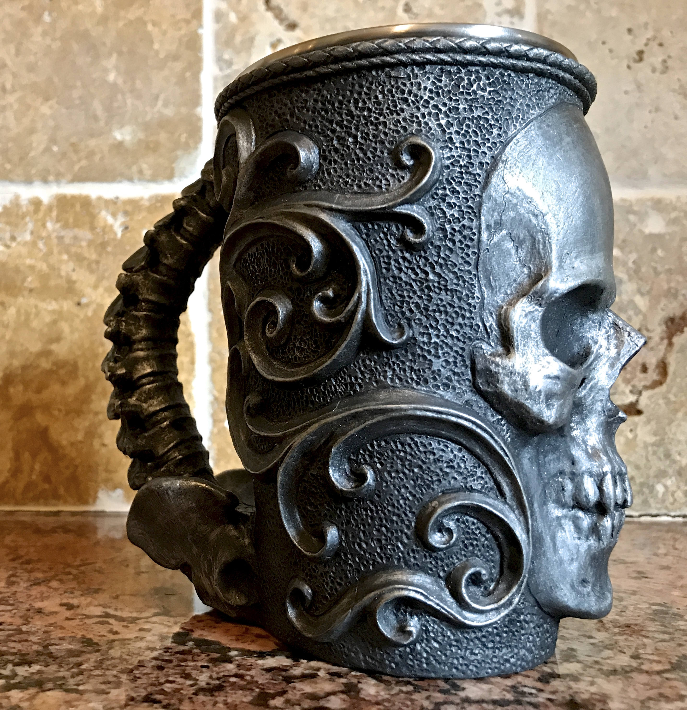 Necromancer Skull Mug, Hand Sculpted Resin Gothic Art Mug with Stainless Steel Liner