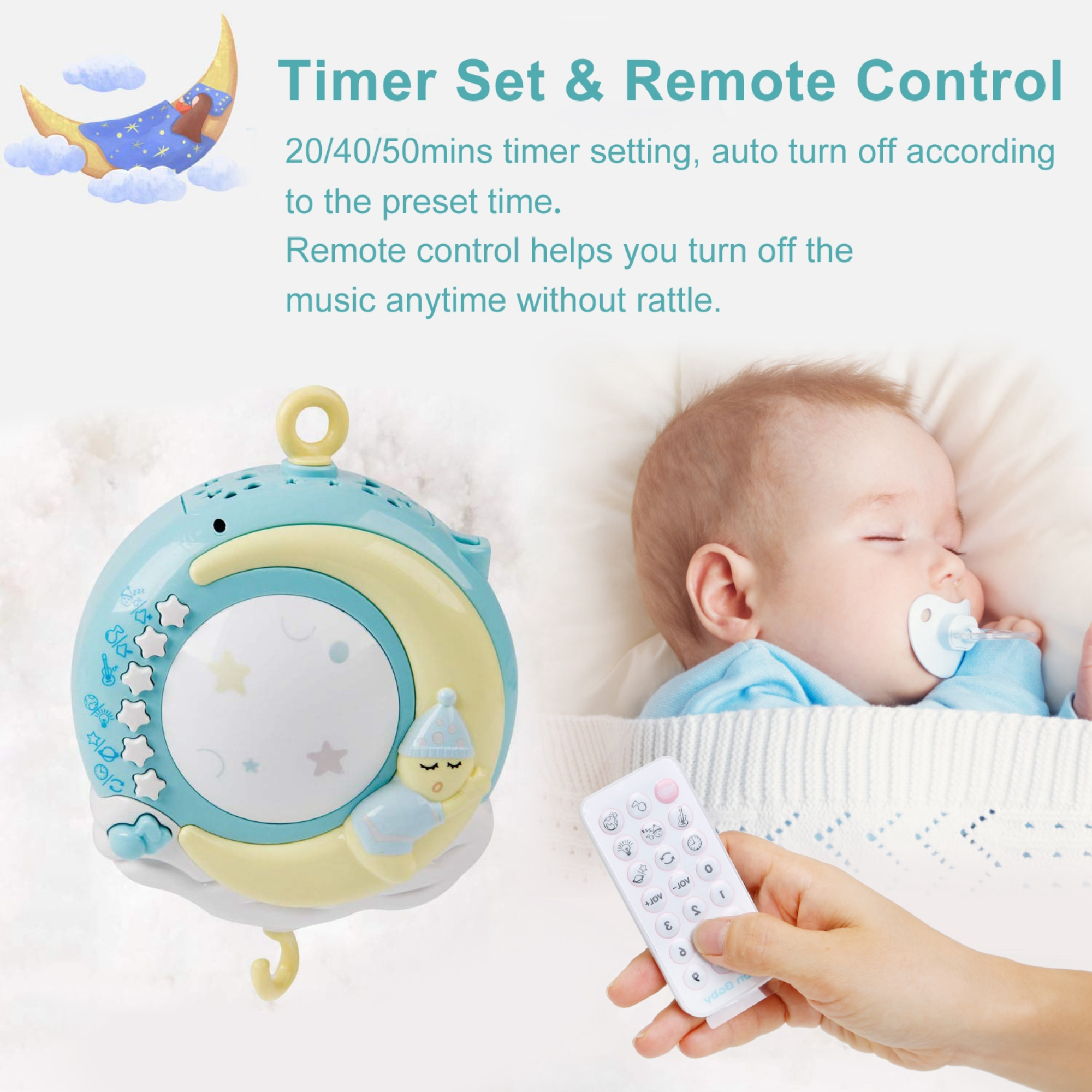 Baby Musical Crib Bed Bell Rotating Mobile Star Projection Nursery Light Baby Rattle Toy w/ Music Box Remote Control
