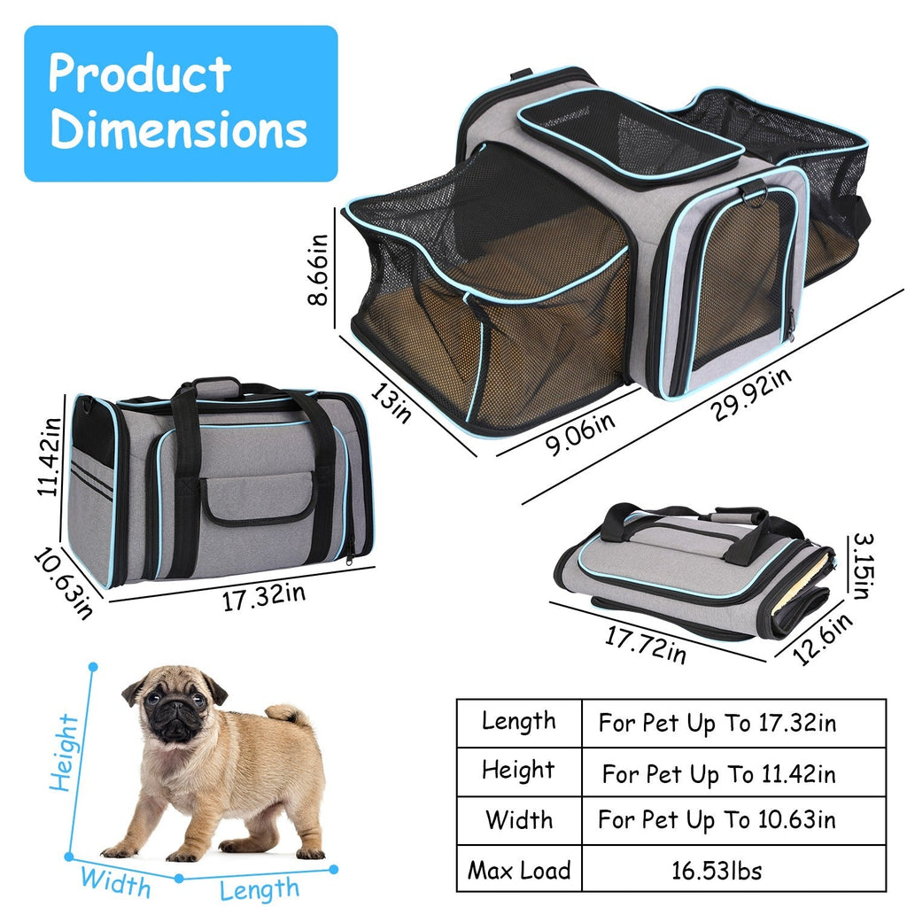 Expandable Pet Carrier Airline Approved Cat Dog Carrier Cat Collapsible Soft CarrierÊBag with Removable Fleece Pad Pockets Breathable Mesh Adjustable