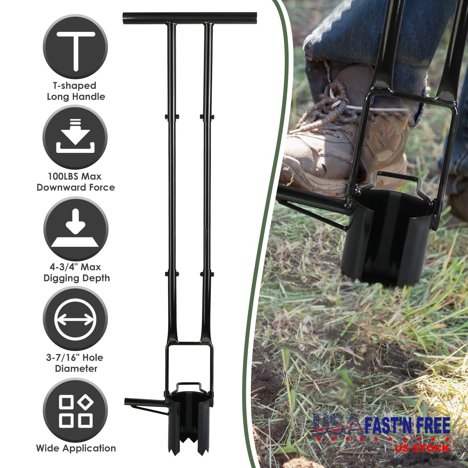 5 In 1 Bulb Planter Tool Long Handle Gardening Bulb Transplanter with Gloves Brush Serrated Base Dual Pedal Digging Holes to Plant Tulips Iris Daffodi
