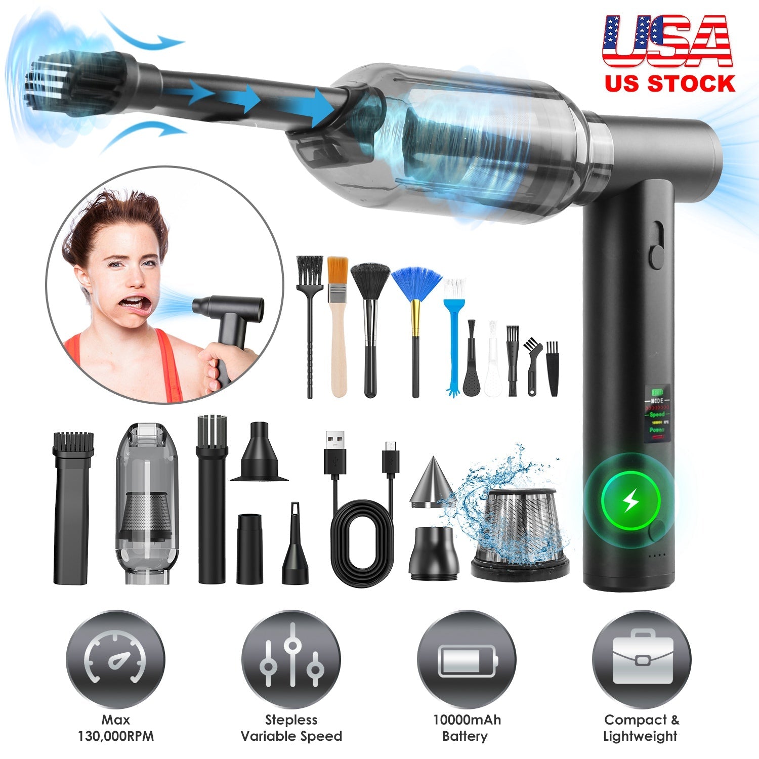 Compressed Air Duster Brushless Motor 130000RPM Stepless Variable Speed 1WmAh Battery Cordless Dust Blower Vacuum Cleaner Portable Jet Dry Blower for